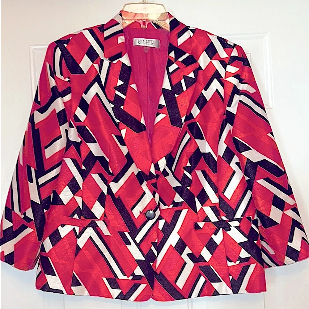 Kasper Women's Geometric Blazer Jacket 16 Pink Black Career Bold Tailored